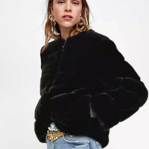 Zara Black Faux Fur Zip Bomber Jacket
